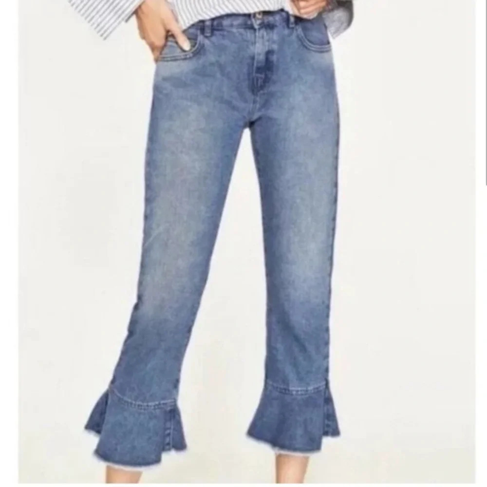 Zara Denim Crop Ruffle Jeans